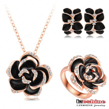 Frauen schwarze Kristall Blume Schmuck Sets (ST0003-A)